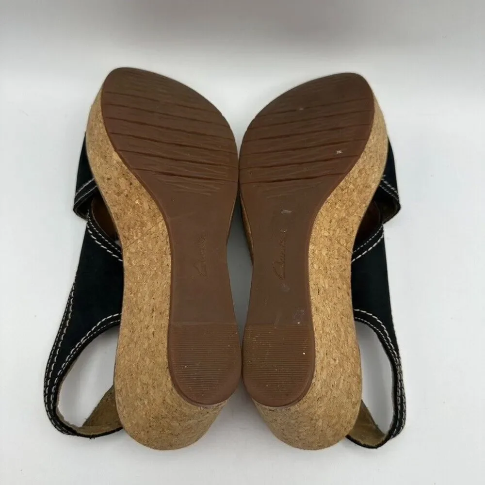 Clarks Artisan Women's Annadel Eirwyn Wedge Sandal‎ Size 7.5M Black Suede 38 EU